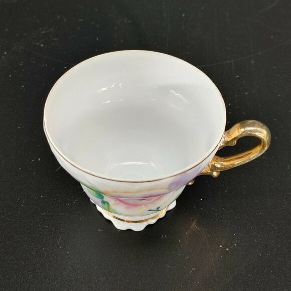 Vintage White Pink Floral Porcelain Golden Rim Footed Tea Cup With Handle - Picture 6 of 10